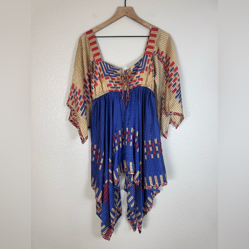 Vintage Y2K Anna Sui 2008 Western Native Boho Asymmetrical Silk Mini Dress sz 4